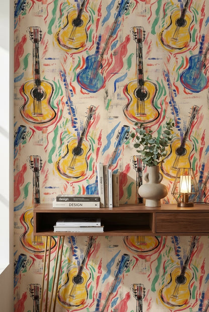 Renkli Gitar Desenli Duvar Kağıdı Modern Müzik Temalı