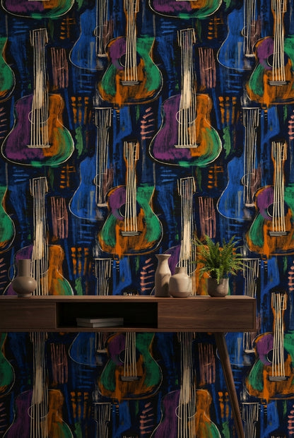 Renkli Gitar Desenli Duvar Kağıdı Lacivert Müzik Temalı