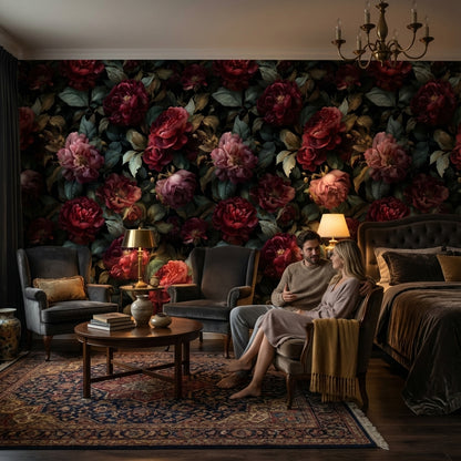 Koyu Zemin Gül Desenli Duvar Kağıdı Bordo Çiçekli Salon