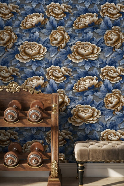 Mavi Yapraklı Bej Şakayık Desenli Duvar Kağıdı Salon