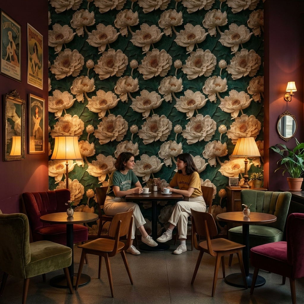 Vintage Şakayık Çiçekli Duvar Kağıdı Koyu Yeşil Salon