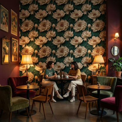 Vintage Şakayık Çiçekli Duvar Kağıdı Koyu Yeşil Salon