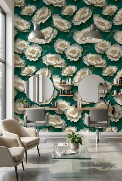 Zümrüt Yeşil Zeminde Beyaz Çiçekli Duvar Kağıdı Salon