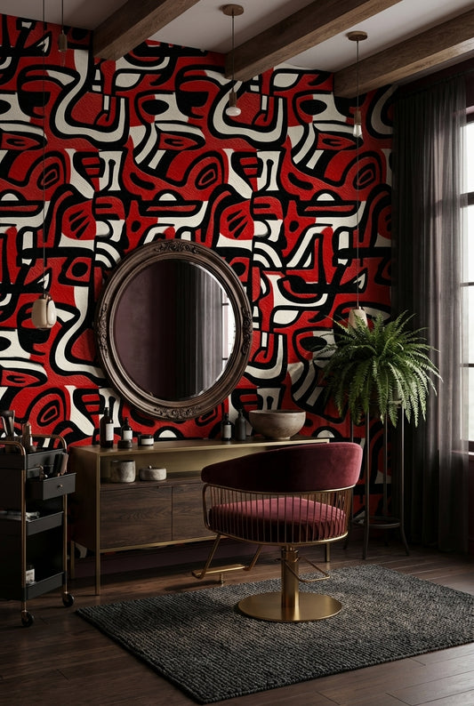 Soyut Geometrik Duvar Kağıdı Kırmızı Siyah Modern Salon