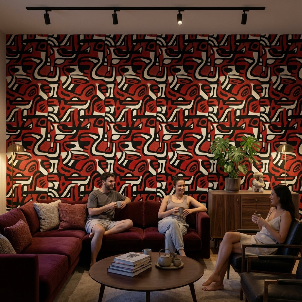 Soyut Geometrik Duvar Kağıdı Kırmızı Siyah Modern Salon