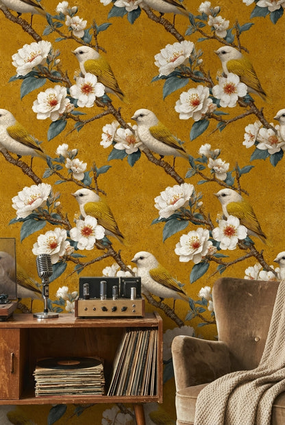 Kuş ve Çiçek Desenli Duvar Kağıdı Hardal Sarı Vintage