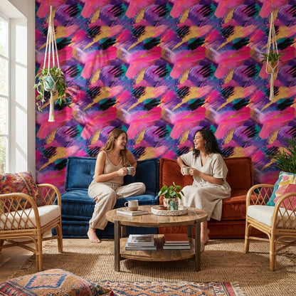 Renkli Soyut Fırça Darbeli Duvar Kağıdı Modern Salon