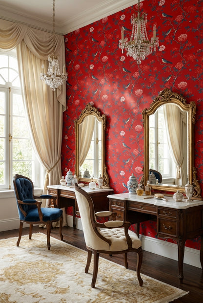 Kırmızı Çiçekli Kuşlu Duvar Kağıdı Klasik Salon Deseni