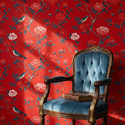 Kırmızı Çiçekli Kuşlu Duvar Kağıdı Klasik Salon Deseni