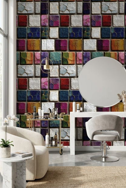 Renkli Mozaik Kareli Duvar Kağıdı Modern Salon Dekoru