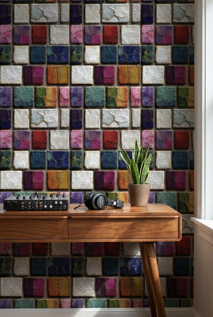Renkli Mozaik Kareli Duvar Kağıdı Modern Salon Dekoru