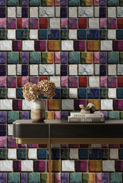Renkli Mozaik Kareli Duvar Kağıdı Modern Salon Dekoru
