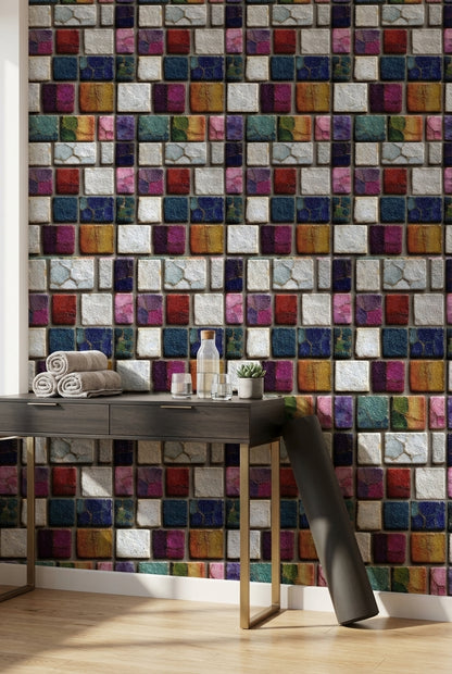 Renkli Mozaik Kareli Duvar Kağıdı Modern Salon Dekoru
