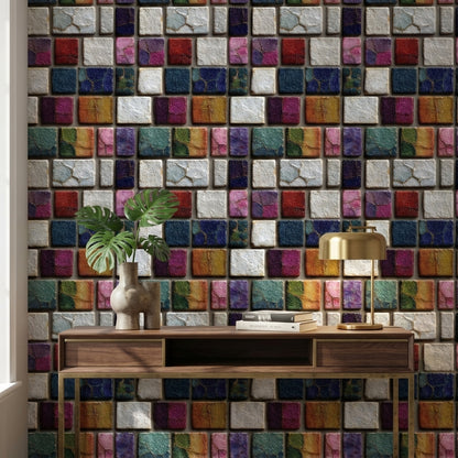 Renkli Mozaik Kareli Duvar Kağıdı Modern Salon Dekoru