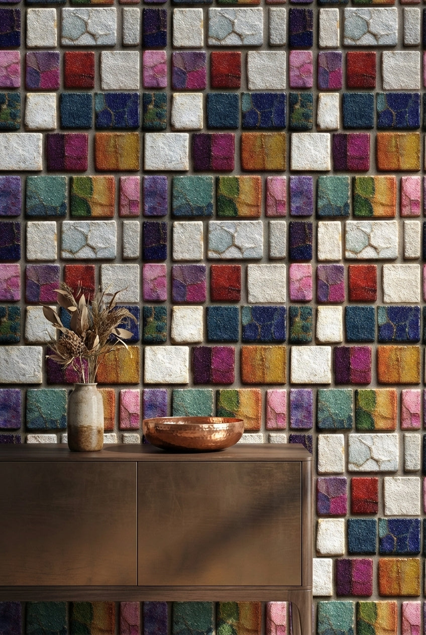 Renkli Mozaik Kareli Duvar Kağıdı Modern Salon Dekoru