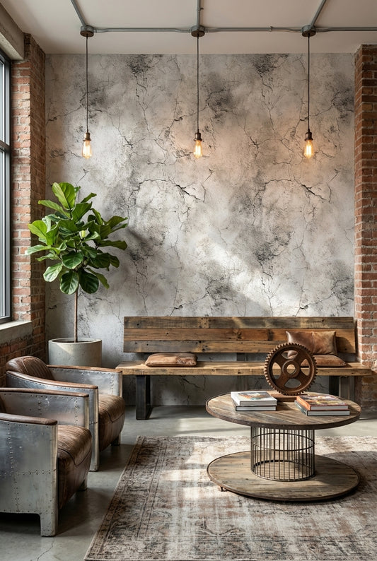Beton Görünümlü Duvar Kağıdı Gri Çatlak Desenli Salon