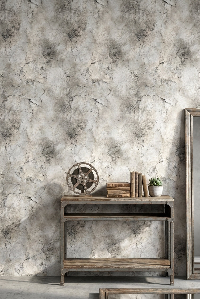 Beton Görünümlü Duvar Kağıdı Gri Çatlak Desenli Salon