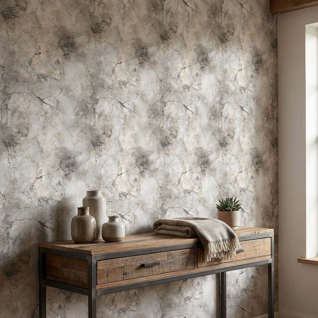 Beton Görünümlü Duvar Kağıdı Gri Çatlak Desenli Salon