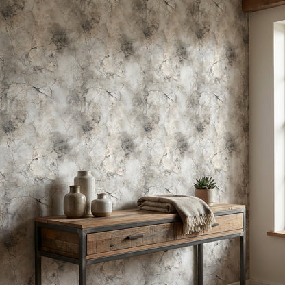 Beton Görünümlü Duvar Kağıdı Gri Çatlak Desenli Salon