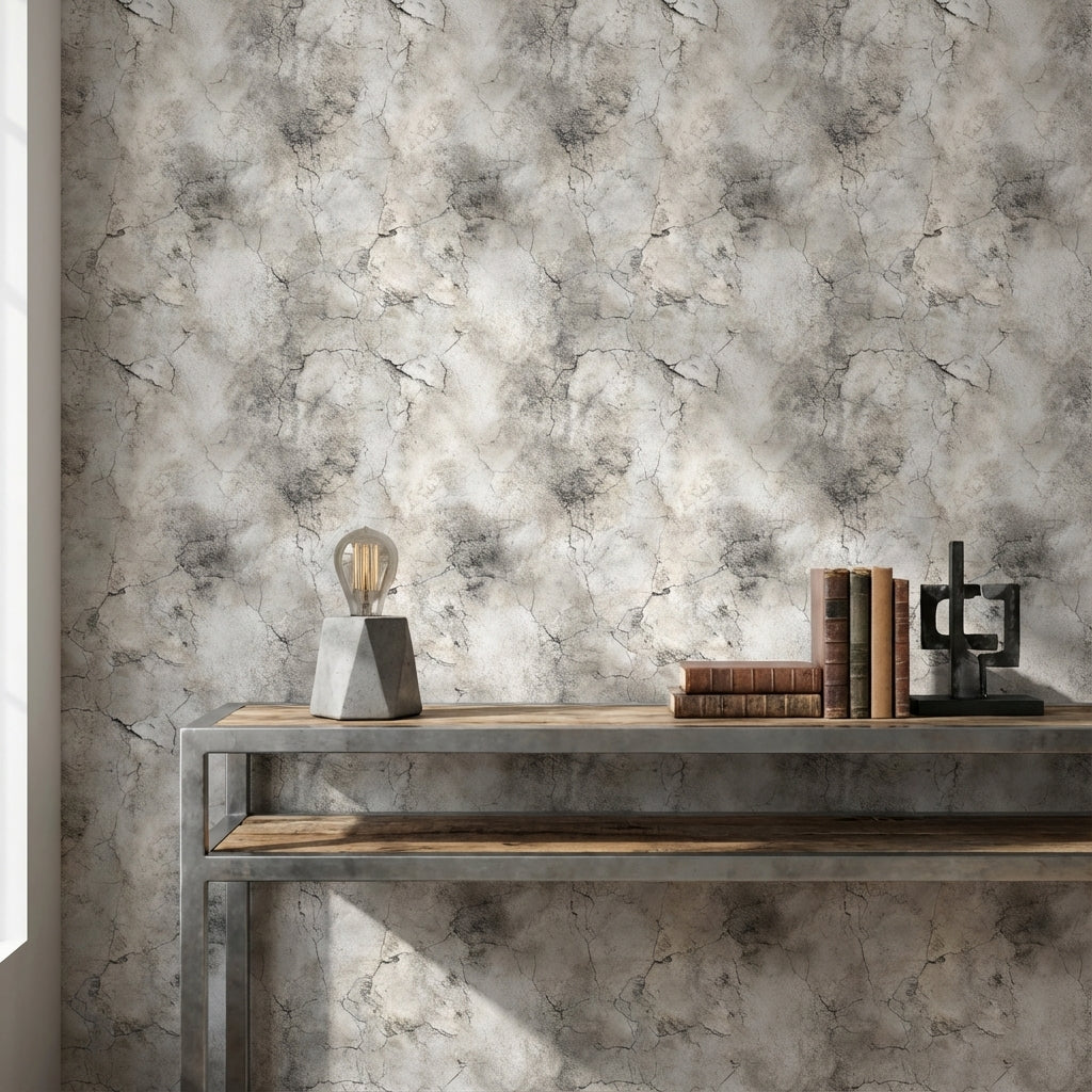 Beton Görünümlü Duvar Kağıdı Gri Çatlak Desenli Salon