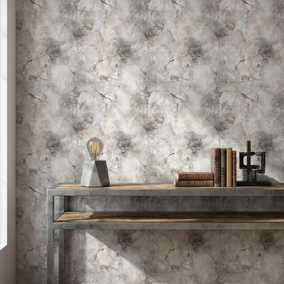 Beton Görünümlü Duvar Kağıdı Gri Çatlak Desenli Salon