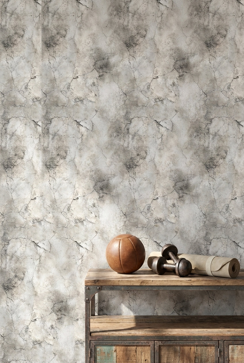 Beton Görünümlü Duvar Kağıdı Gri Çatlak Desenli Salon