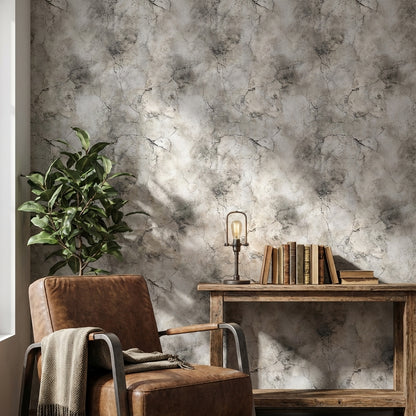 Beton Görünümlü Duvar Kağıdı Gri Çatlak Desenli Salon