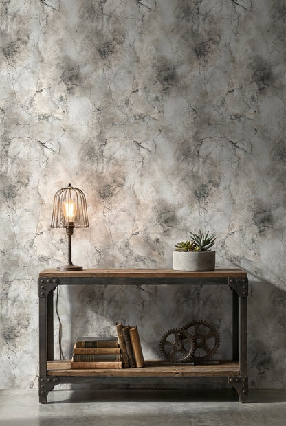 Beton Görünümlü Duvar Kağıdı Gri Çatlak Desenli Salon