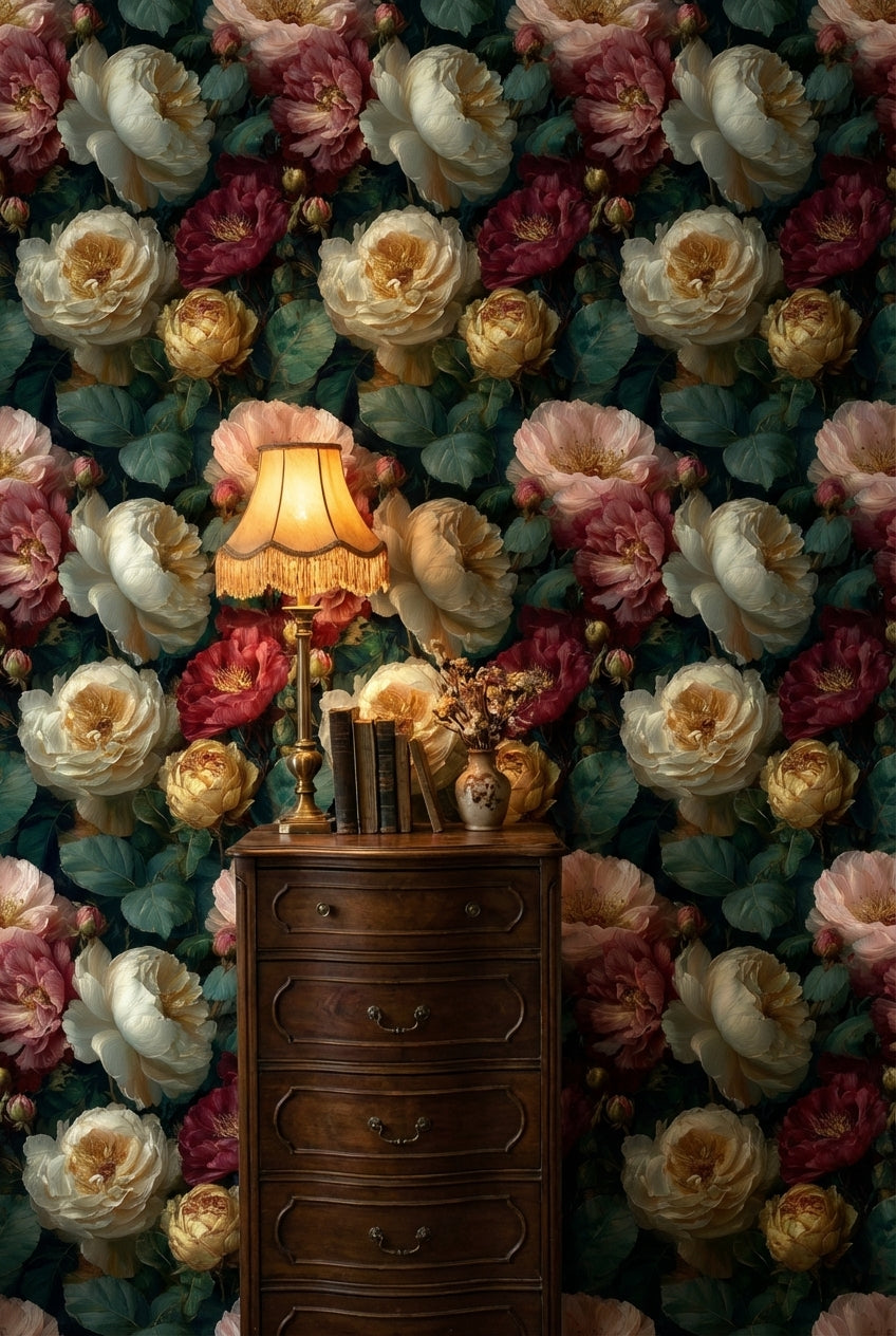 Büyük Çiçek Desenli Duvar Kağıdı Koyu Zemin Salon