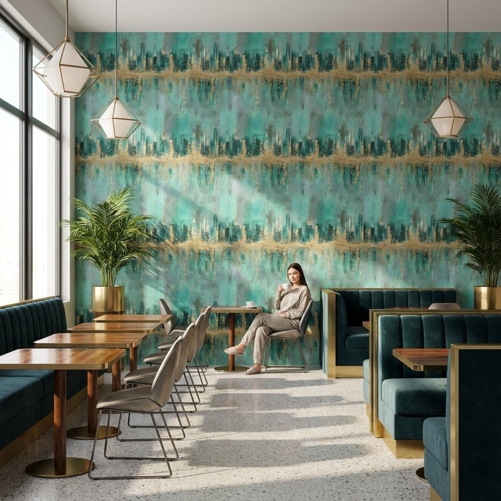 Soyut Altın Şeritli Duvar Kağıdı Turkuaz Modern Salon