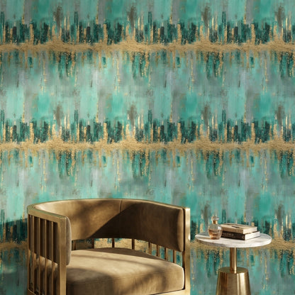 Soyut Altın Şeritli Duvar Kağıdı Turkuaz Modern Salon