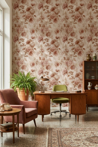 Vintage Çiçek Desenli Duvar Kağıdı Bej Tonlu Salon