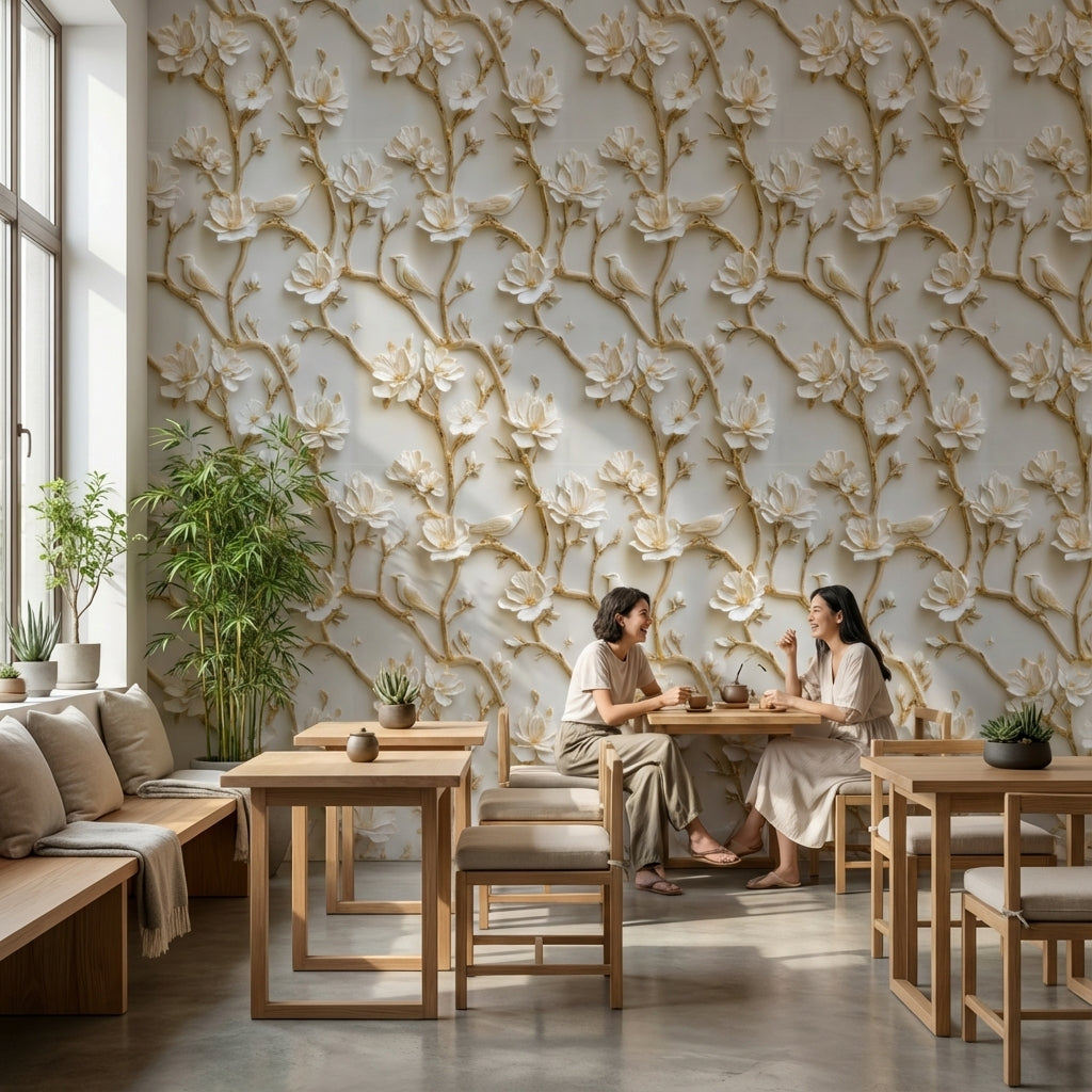 Krem Çiçekli Dal Desenli Duvar Kağıdı Bej Salon