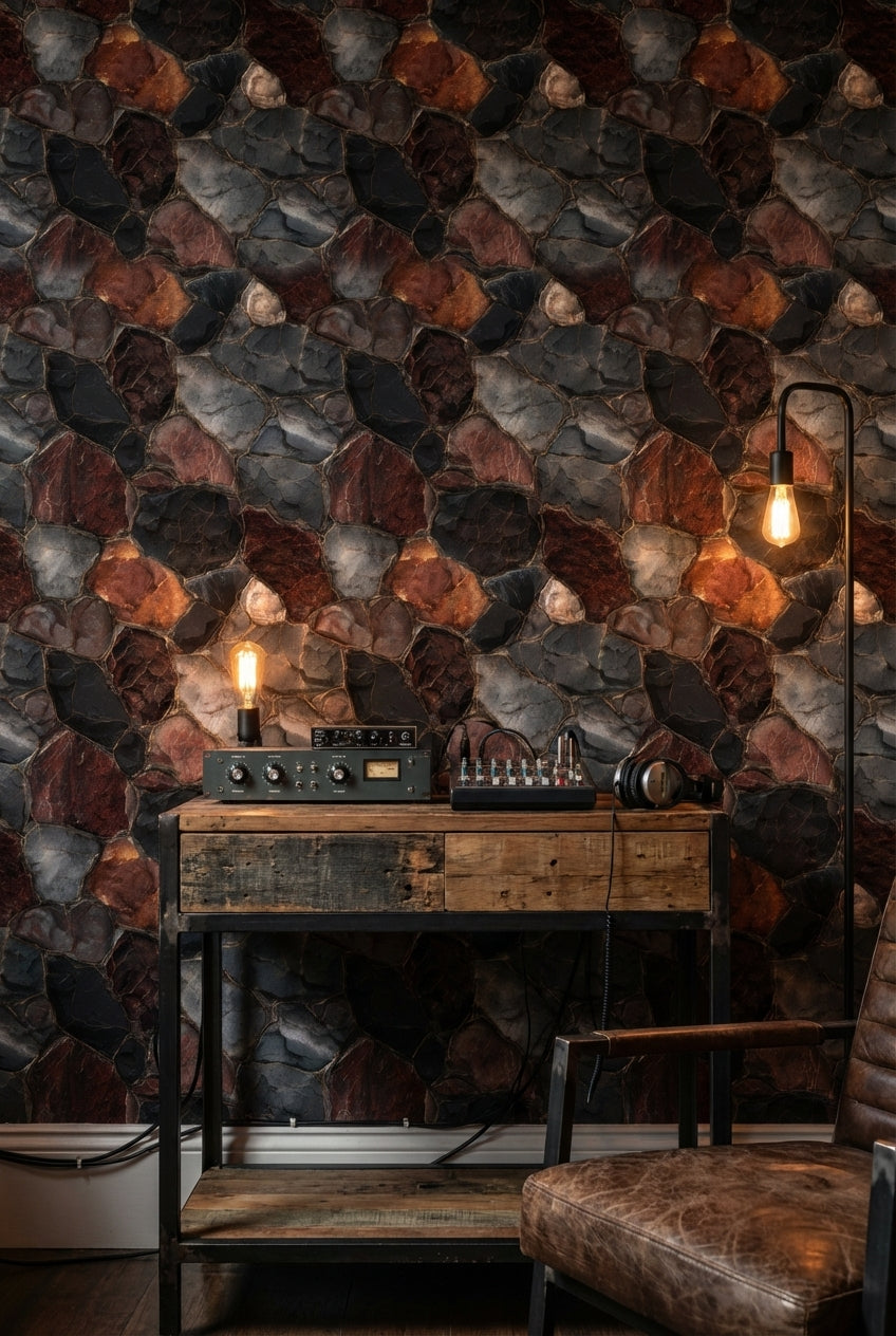 Taş Görünümlü Duvar Kağıdı Koyu Tonlu Rustik Salon