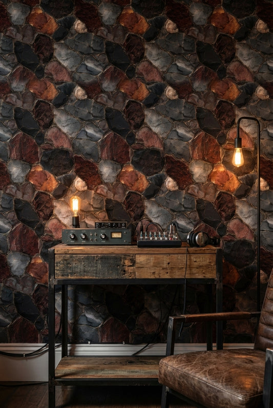 Taş Görünümlü Duvar Kağıdı Koyu Tonlu Rustik Salon