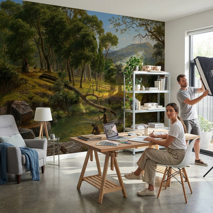 Orman ve Dere Manzaralı Poster Duvar Kağıdı Yeşil Doğa