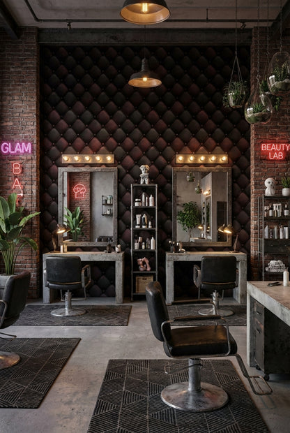 Kapitoneli Deri Görünümlü Duvar Kağıdı Bordo Siyah Salon