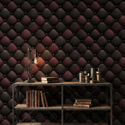 Kapitoneli Deri Görünümlü Duvar Kağıdı Bordo Siyah Salon
