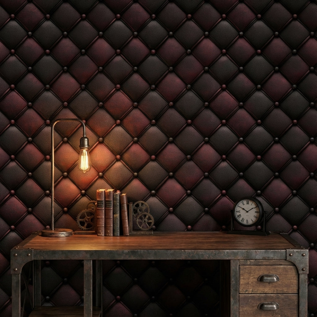Kapitoneli Deri Görünümlü Duvar Kağıdı Bordo Siyah Salon