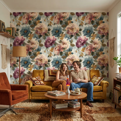 Suluboya Çiçek Desenli Duvar Kağıdı Pastel Renk Salon