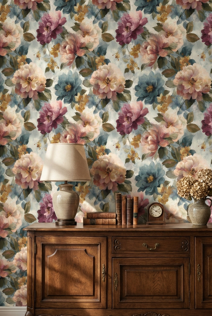 Suluboya Çiçek Desenli Duvar Kağıdı Pastel Renk Salon
