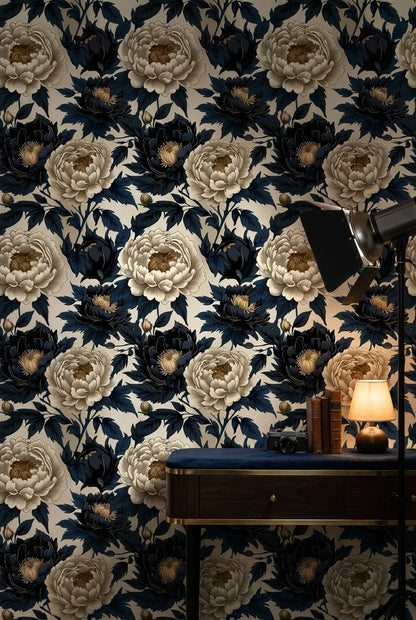 Lacivert Krem Şakayık Desenli Duvar Kağıdı Salon Duvarı