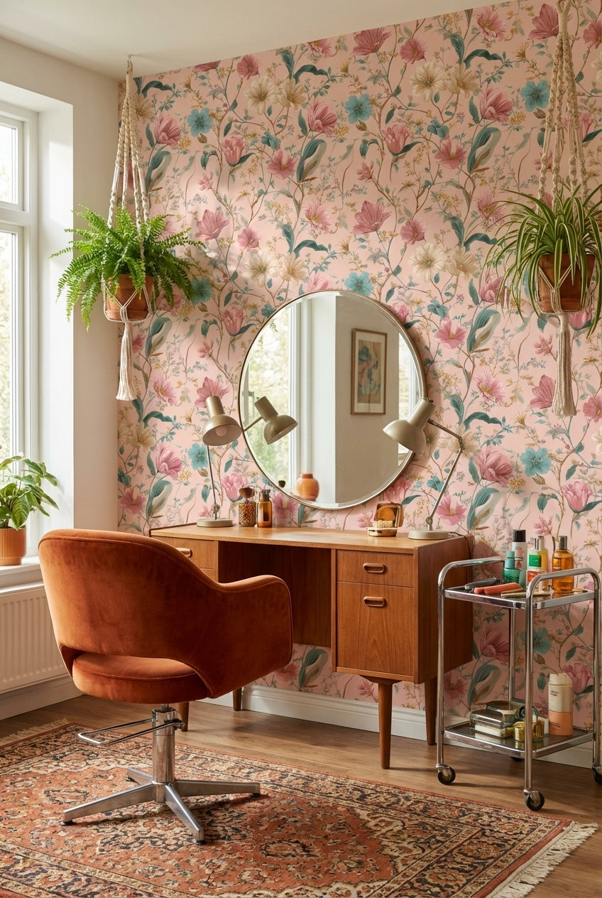 Pastel Çiçek Desenli Duvar Kağıdı Pudra Zemin Salon