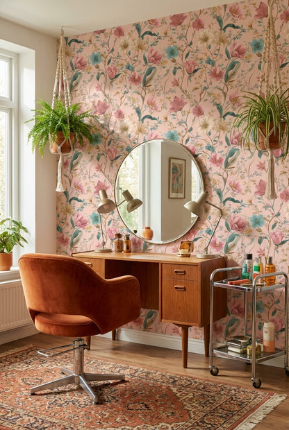 Pastel Çiçek Desenli Duvar Kağıdı Pudra Zemin Salon