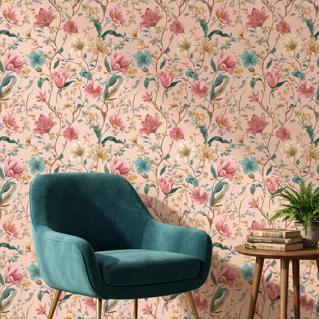 Pastel Çiçek Desenli Duvar Kağıdı Pudra Zemin Salon