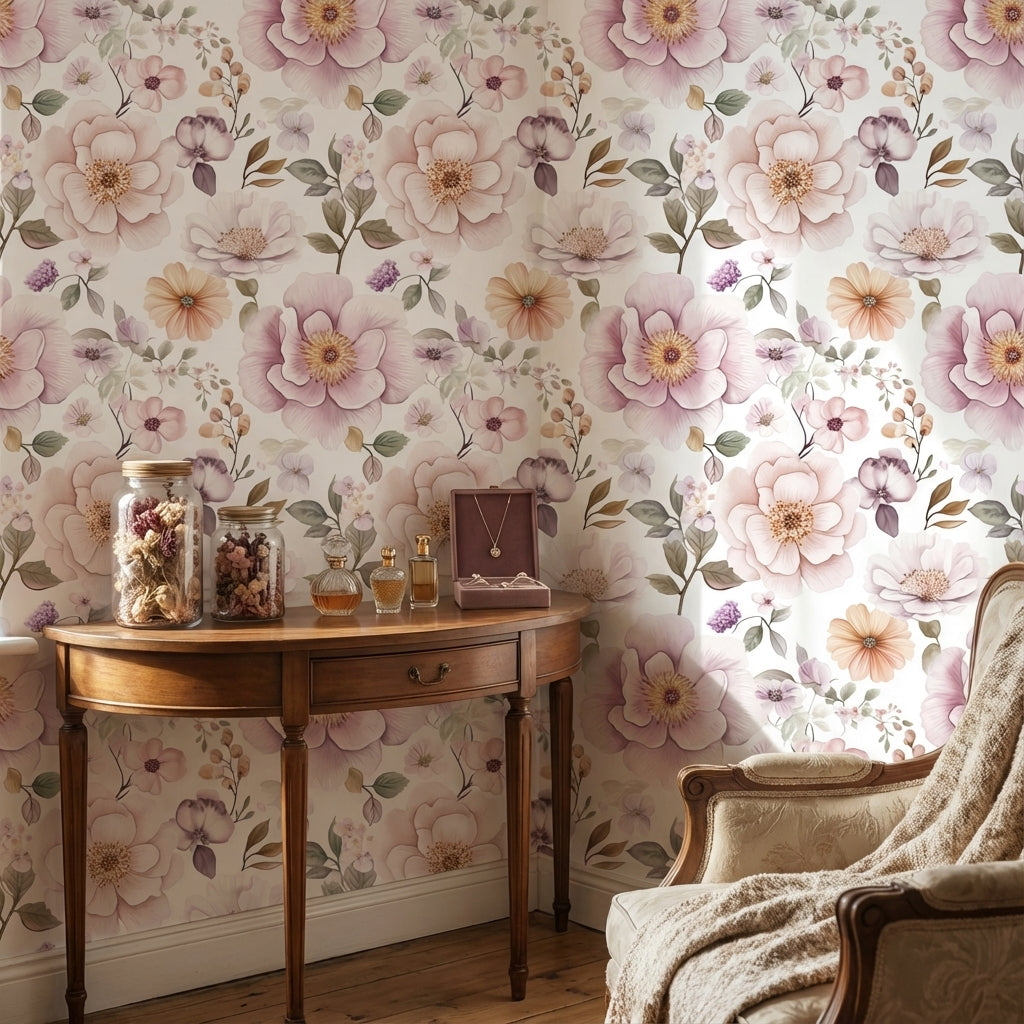 Pastel Çiçek Desenli Duvar Kağıdı Pudra Pembe Salon