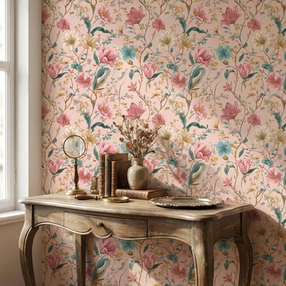 Pastel Çiçek Desenli Duvar Kağıdı Pudra Zemin Salon