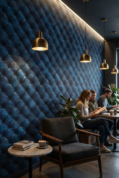 Kapitone Görünümlü Duvar Kağıdı Lacivert Salon Duvar Dekoru