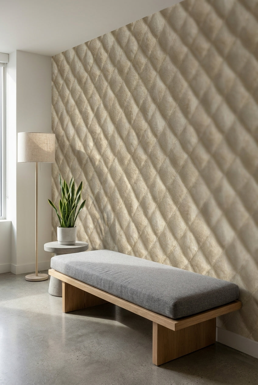Kapitone Görünümlü Duvar Kağıdı Bej Modern Salon Duvarı