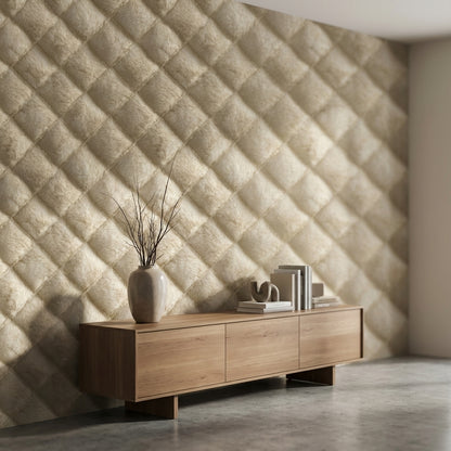 Kapitone Görünümlü Duvar Kağıdı Bej Modern Salon Duvarı